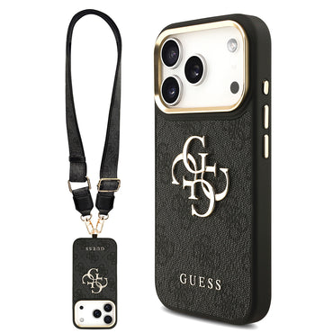 Apple iPhone 17 Pro Case Guess Original Licensed 4G Large Metal Logo Thick Strap Cover Black