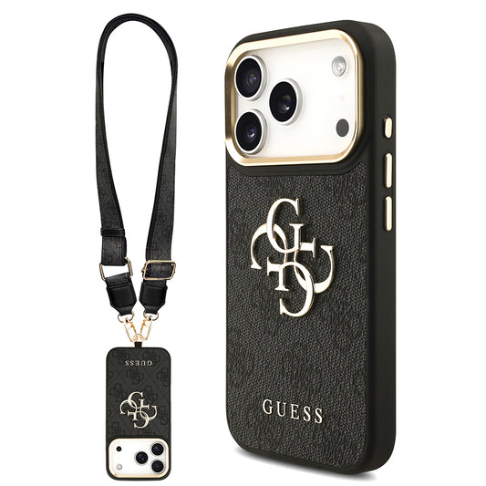 Apple iPhone 17 Pro Case Guess Original Licensed 4G Large Metal Logo Thick Strap Cover Black