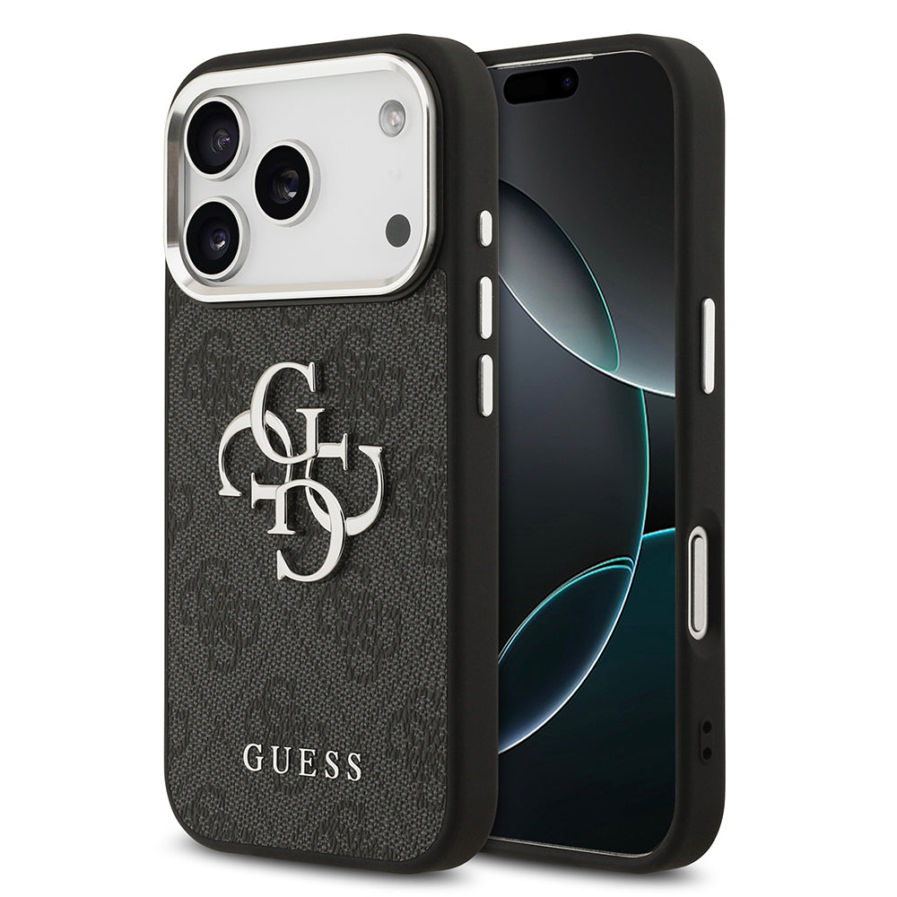 Apple iPhone 17 Pro Kılıf Guess Orjinal Lisanslı Gümüş Metal Kamera Çerçeveli 4G Desenli Metal Büyük 4G ve Yazı Logolu Kapak
