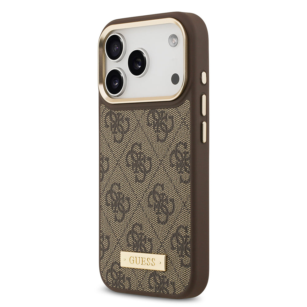 Apple iPhone 17 Pro Kılıf Guess Orjinal Lisanslı M-safe Şarj Özellikli 4G Desenli PU Metal Plaka Klasik Logolu Kapak Pembe