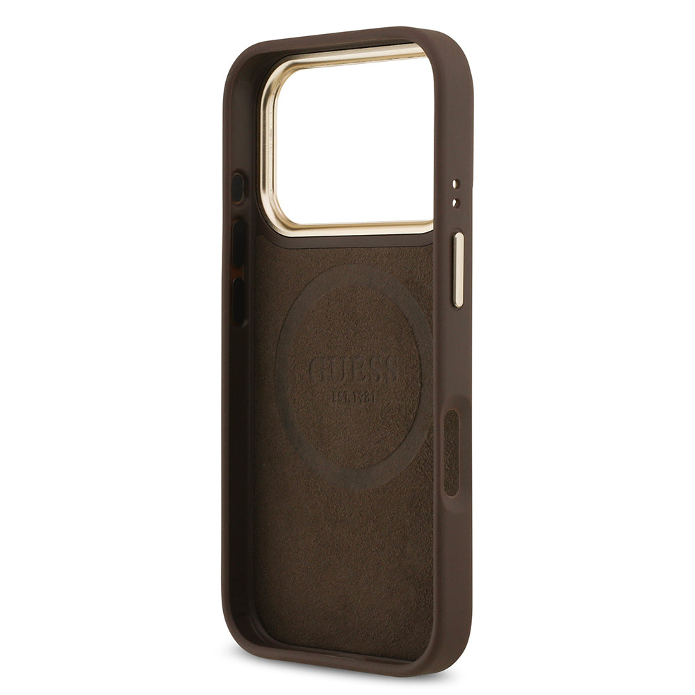 Apple iPhone 17 Pro Kılıf Guess Orjinal Lisanslı M-safe Şarj Özellikli 4G Desenli PU Metal Plaka Klasik Logolu Kapak Siyah