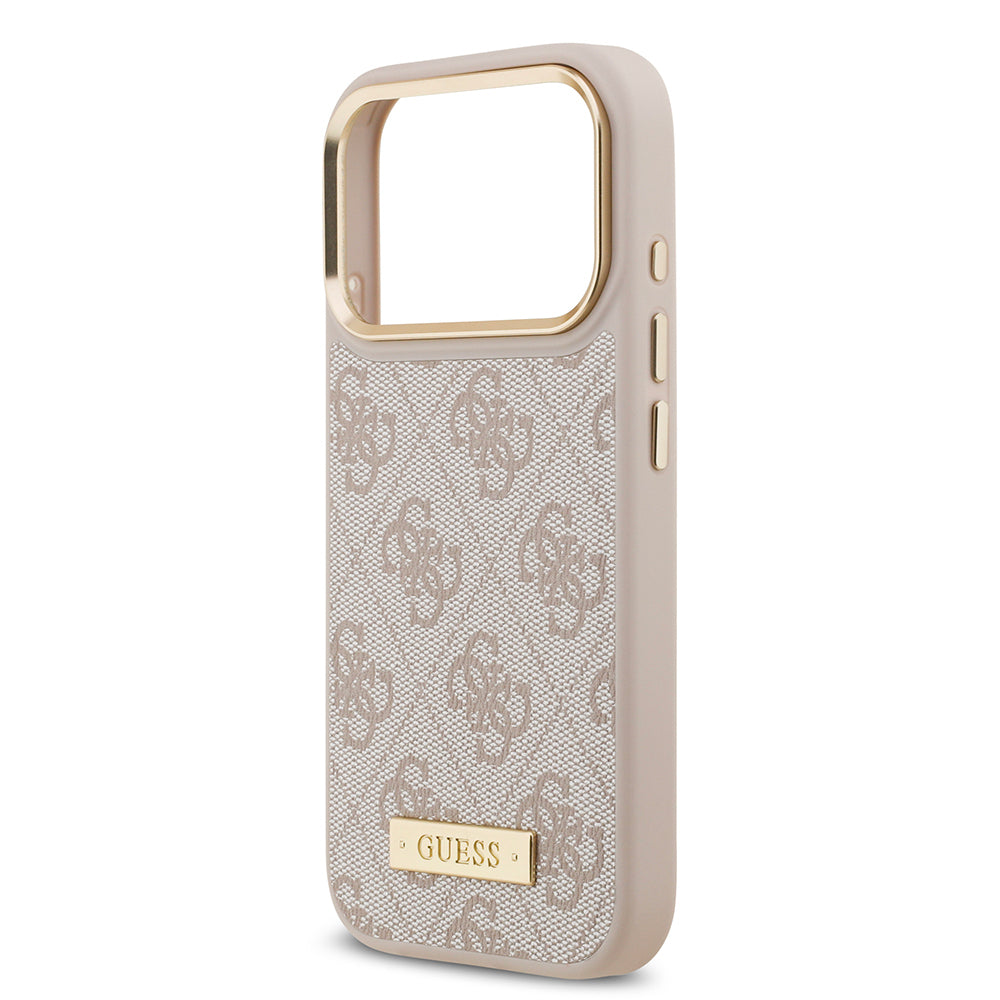 Apple iPhone 17 Pro Kılıf Guess Orjinal Lisanslı M-safe Şarj Özellikli 4G Desenli PU Metal Plaka Klasik Logolu Kapak Kahverengi