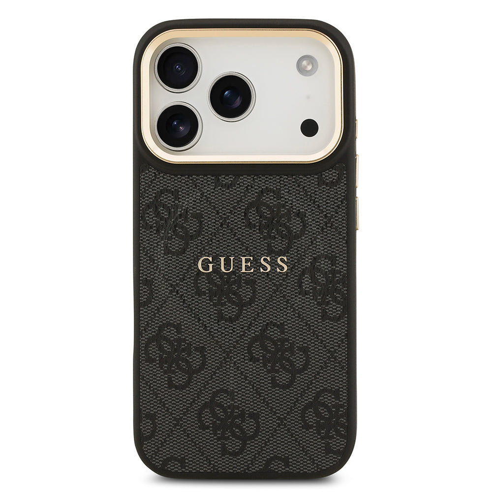 Apple iPhone 17 Pro Kılıf Guess Orjinal Lisanslı M-safe Şarj Özellikli Gold Metal Kamera Çerçeveli PU Deri 4G Desenli Yazı Logolu Kapak Siyah