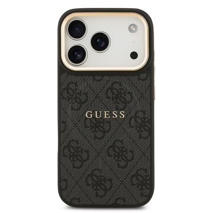 Apple iPhone 17 Pro Kılıf Guess Orjinal Lisanslı M-safe Şarj Özellikli Gold Metal Kamera Çerçeveli PU Deri 4G Desenli Yazı Logolu Kapak Siyah