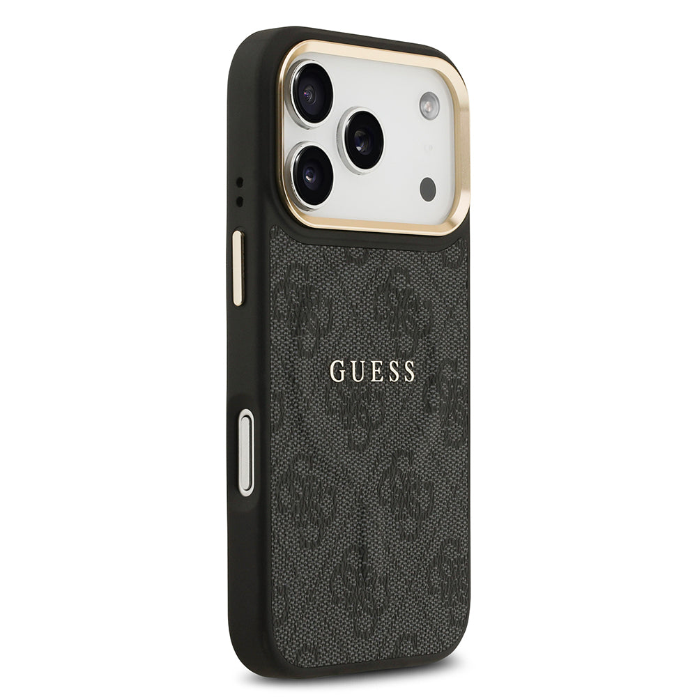 Apple iPhone 17 Pro Kılıf Guess Orjinal Lisanslı M-safe Şarj Özellikli Gold Metal Kamera Çerçeveli PU Deri 4G Desenli Yazı Logolu Kapak Siyah