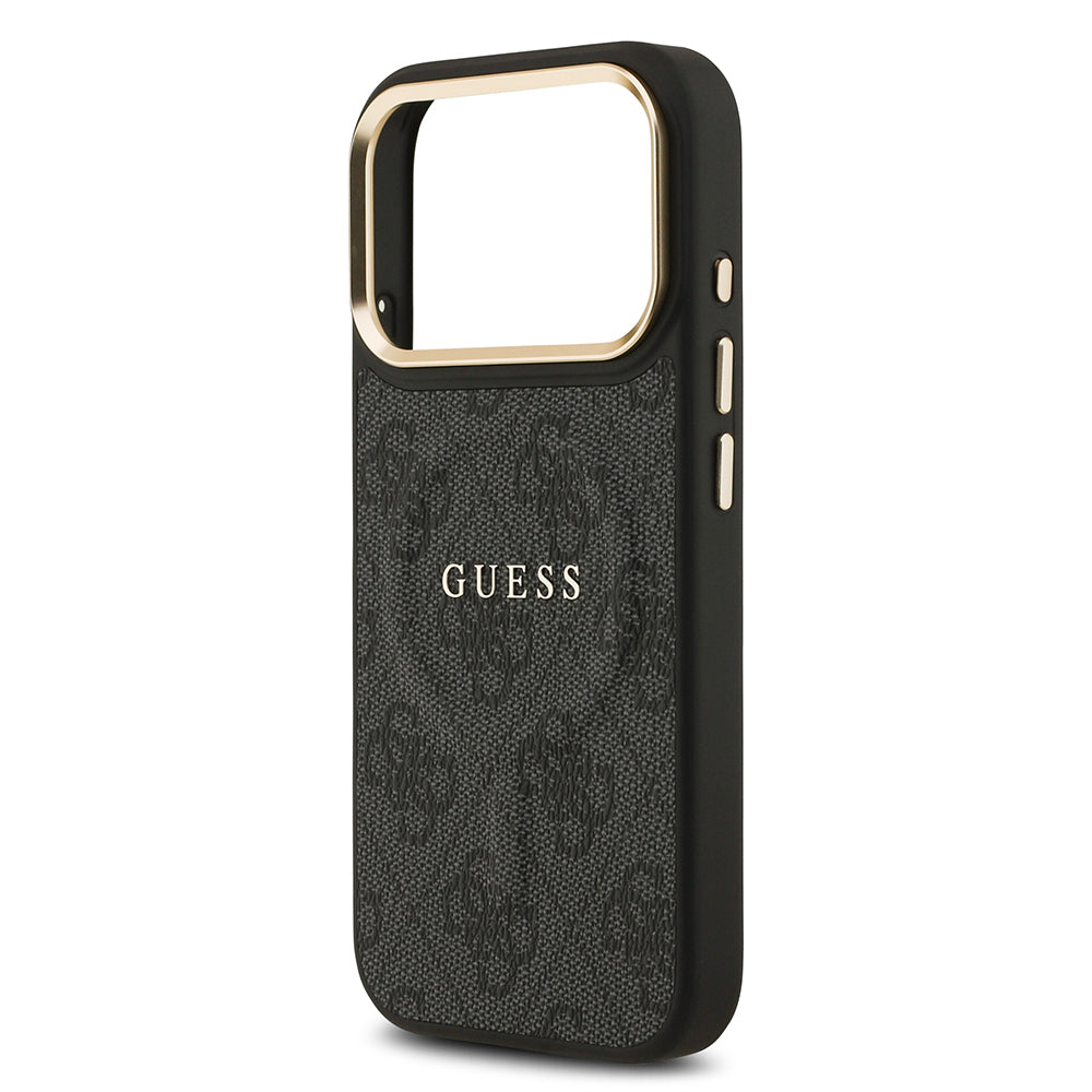 Apple iPhone 17 Pro Kılıf Guess Orjinal Lisanslı M-safe Şarj Özellikli Gold Metal Kamera Çerçeveli PU Deri 4G Desenli Yazı Logolu Kapak Siyah