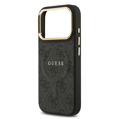 Apple iPhone 17 Pro Kılıf Guess Orjinal Lisanslı M-safe Şarj Özellikli Gold Metal Kamera Çerçeveli PU Deri 4G Desenli Yazı Logolu Kapak Siyah