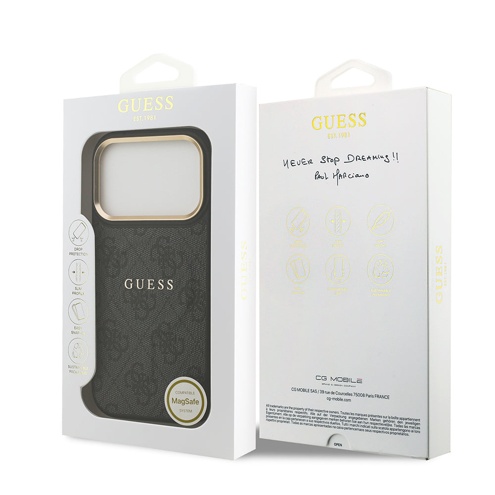 Apple iPhone 17 Pro Kılıf Guess Orjinal Lisanslı M-safe Şarj Özellikli Gold Metal Kamera Çerçeveli PU Deri 4G Desenli Yazı Logolu Kapak Siyah