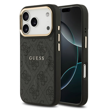 Apple iPhone 17 Pro Kılıf Guess Orjinal Lisanslı M-safe Şarj Özellikli Gold Metal Kamera Çerçeveli PU Deri 4G Desenli Yazı Logolu Kapak Siyah