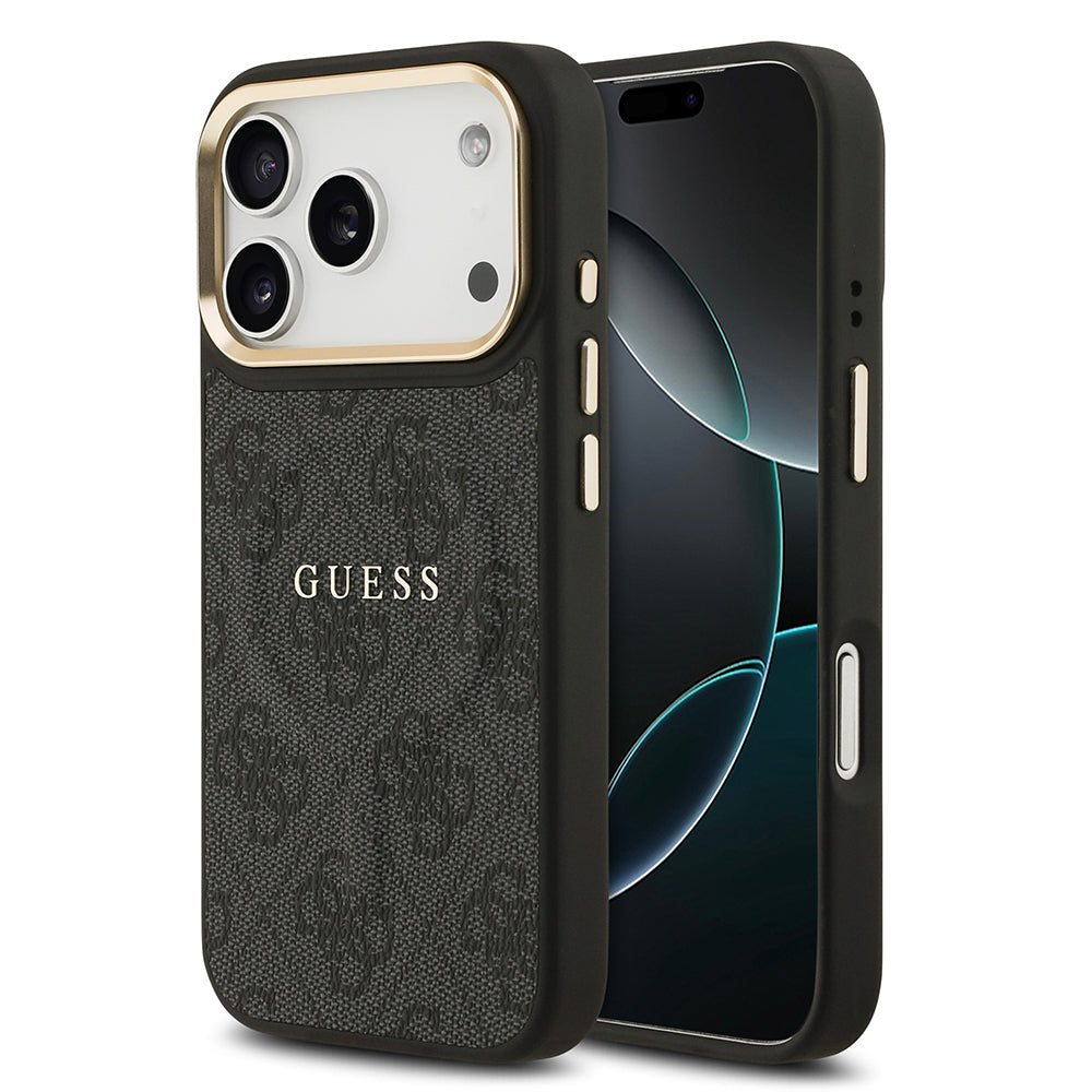 Apple iPhone 17 Pro Case Guess Original Licensed M-safe Charging Feature Gold Metal Camera Frame PU Leather 4G Patterned Text Logo Cover Brown