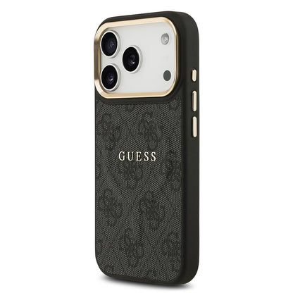 Apple iPhone 17 Pro Kılıf Guess Orjinal Lisanslı M-safe Şarj Özellikli Gold Metal Kamera Çerçeveli PU Deri 4G Desenli Yazı Logolu Kapak Siyah