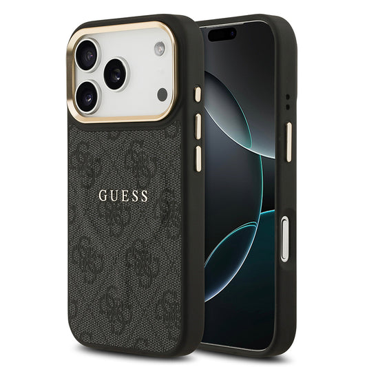 Apple iPhone 17 Pro Kılıf Guess Orjinal Lisanslı M-safe Şarj Özellikli Gold Metal Kamera Çerçeveli PU Deri 4G Desenli Yazı Logolu Kapak Siyah