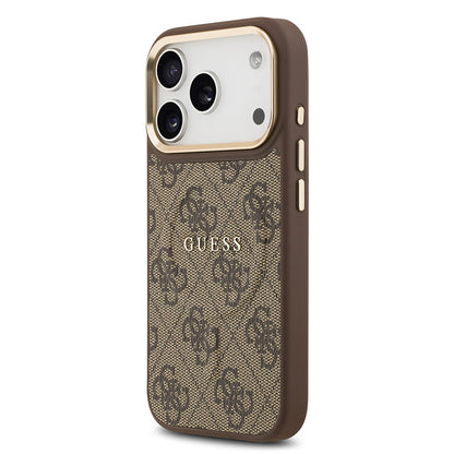 Apple iPhone 17 Pro Kılıf Guess Orjinal Lisanslı M-safe Şarj Özellikli Gold Metal Kamera Çerçeveli PU Deri 4G Desenli Yazı Logolu Kapak Siyah