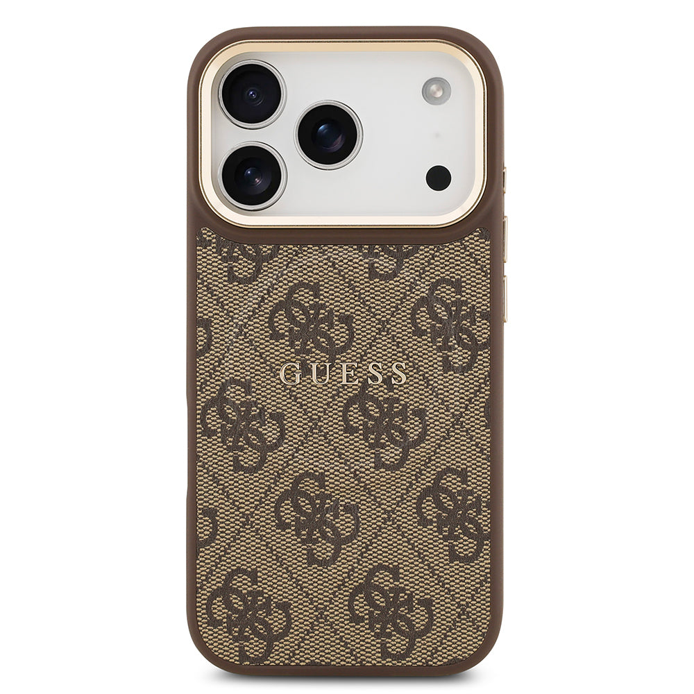 Apple iPhone 17 Pro Kılıf Guess Orjinal Lisanslı M-safe Şarj Özellikli Gold Metal Kamera Çerçeveli PU Deri 4G Desenli Yazı Logolu Kapak Siyah