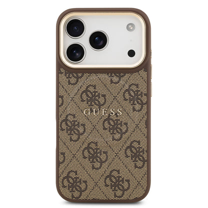 Apple iPhone 17 Pro Kılıf Guess Orjinal Lisanslı M-safe Şarj Özellikli Gold Metal Kamera Çerçeveli PU Deri 4G Desenli Yazı Logolu Kapak Siyah