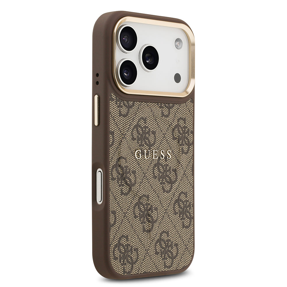 Apple iPhone 17 Pro Kılıf Guess Orjinal Lisanslı M-safe Şarj Özellikli Gold Metal Kamera Çerçeveli PU Deri 4G Desenli Yazı Logolu Kapak Siyah