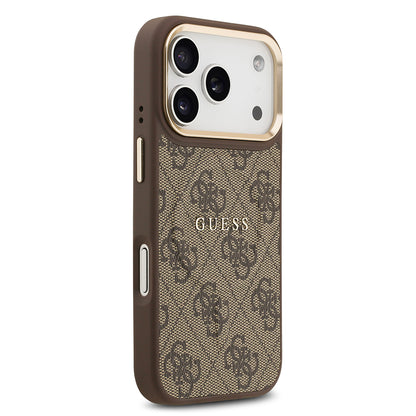 Apple iPhone 17 Pro Kılıf Guess Orjinal Lisanslı M-safe Şarj Özellikli Gold Metal Kamera Çerçeveli PU Deri 4G Desenli Yazı Logolu Kapak Siyah