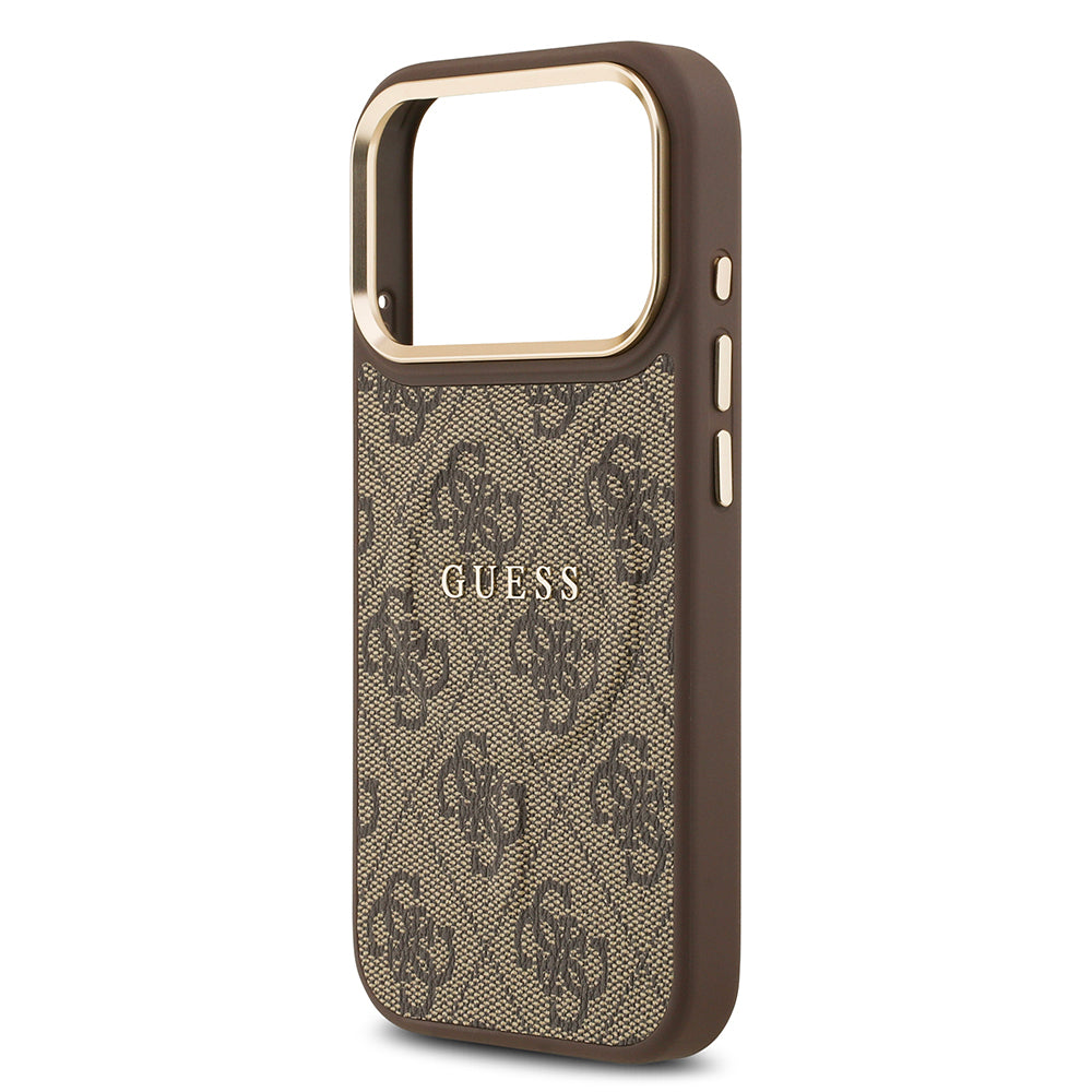 Apple iPhone 17 Pro Case Guess Original Licensed M-safe Charging Feature Gold Metal Camera Frame PU Leather 4G Patterned Text Logo Cover Brown