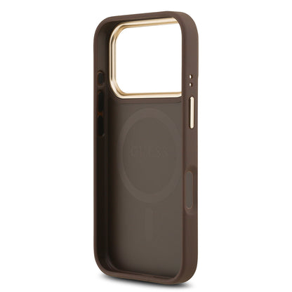 Apple iPhone 17 Pro Kılıf Guess Orjinal Lisanslı M-safe Şarj Özellikli Gold Metal Kamera Çerçeveli PU Deri 4G Desenli Yazı Logolu Kapak Siyah
