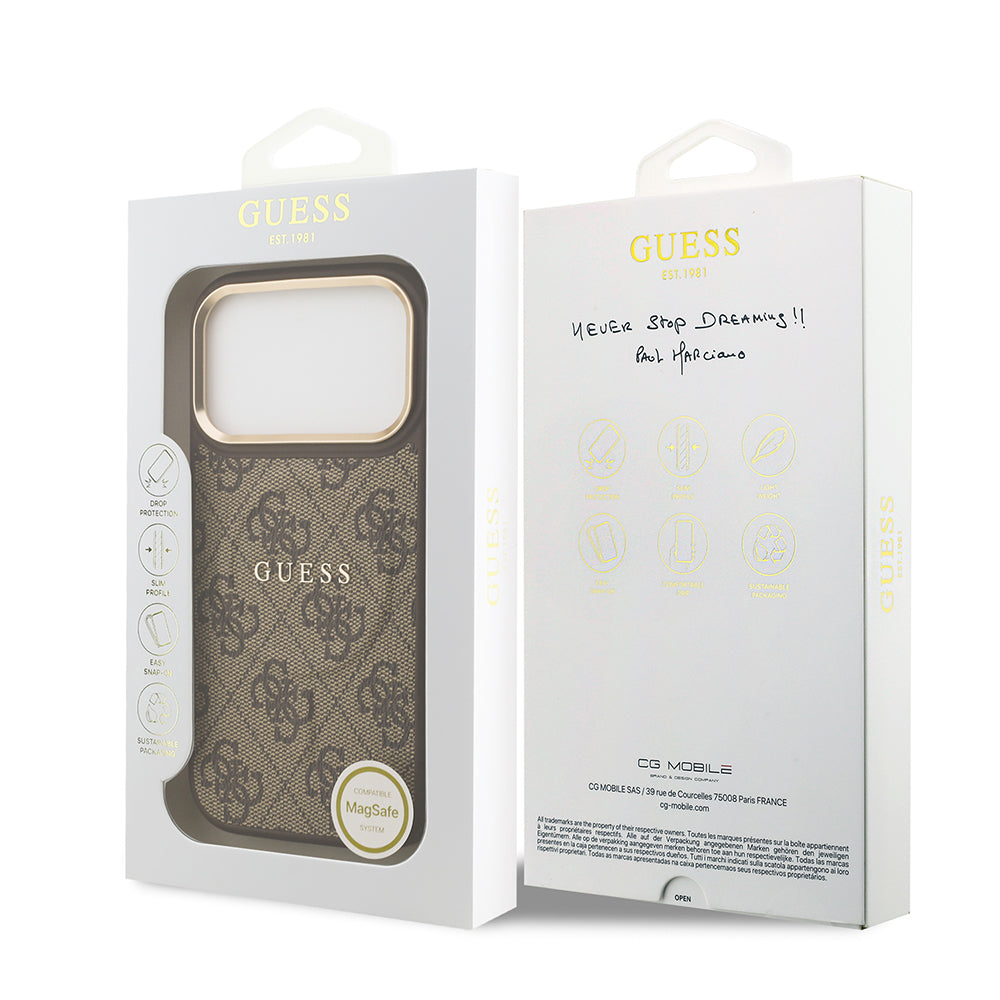 Apple iPhone 17 Pro Case Guess Original Licensed M-safe Charging Feature Gold Metal Camera Frame PU Leather 4G Patterned Text Logo Cover Brown