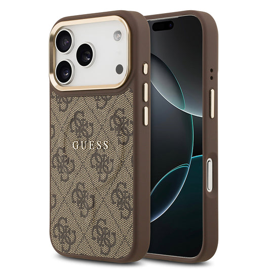 Apple iPhone 17 Pro Case Guess Original Licensed M-safe Charging Feature Gold Metal Camera Frame PU Leather 4G Patterned Text Logo Cover Brown