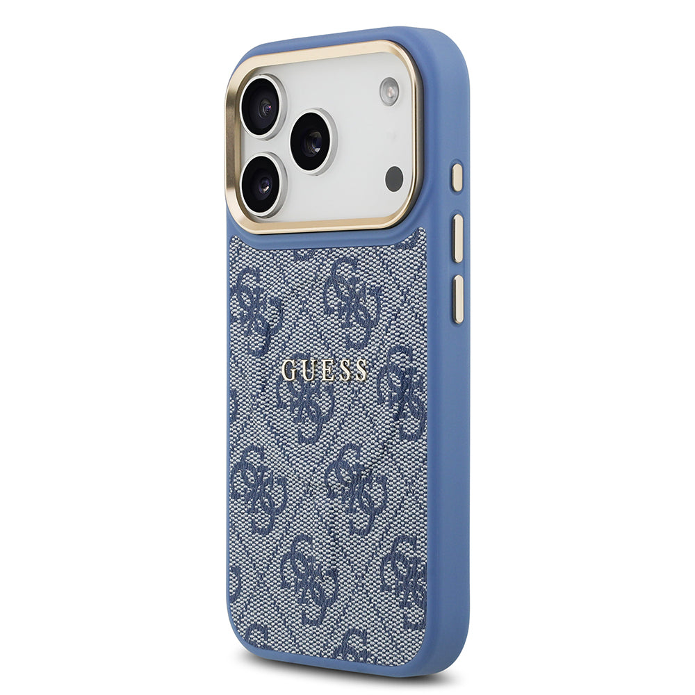 Apple iPhone 17 Pro Kılıf Guess Orjinal Lisanslı M-safe Şarj Özellikli Gold Metal Kamera Çerçeveli PU Deri 4G Desenli Yazı Logolu Kapak Kahverengi