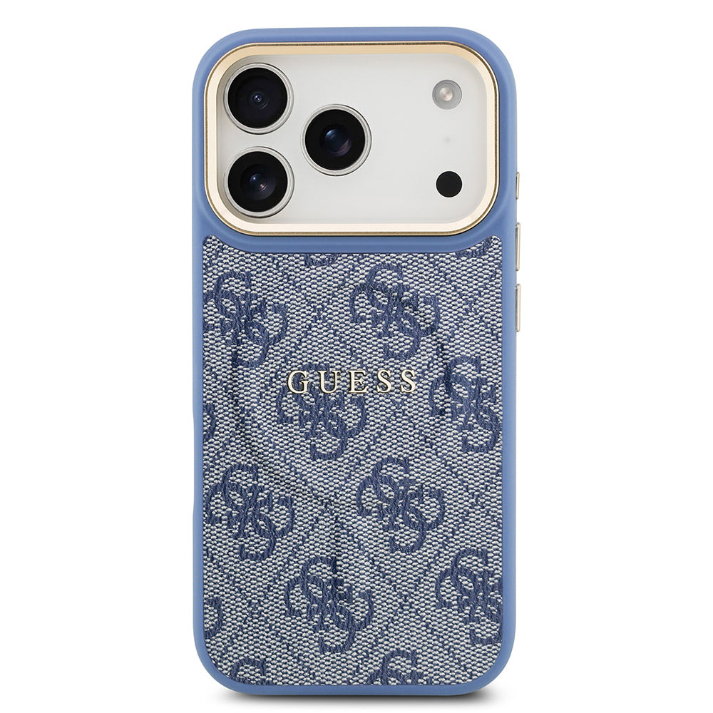 Apple iPhone 17 Pro Kılıf Guess Orjinal Lisanslı M-safe Şarj Özellikli Gold Metal Kamera Çerçeveli PU Deri 4G Desenli Yazı Logolu Kapak Kahverengi