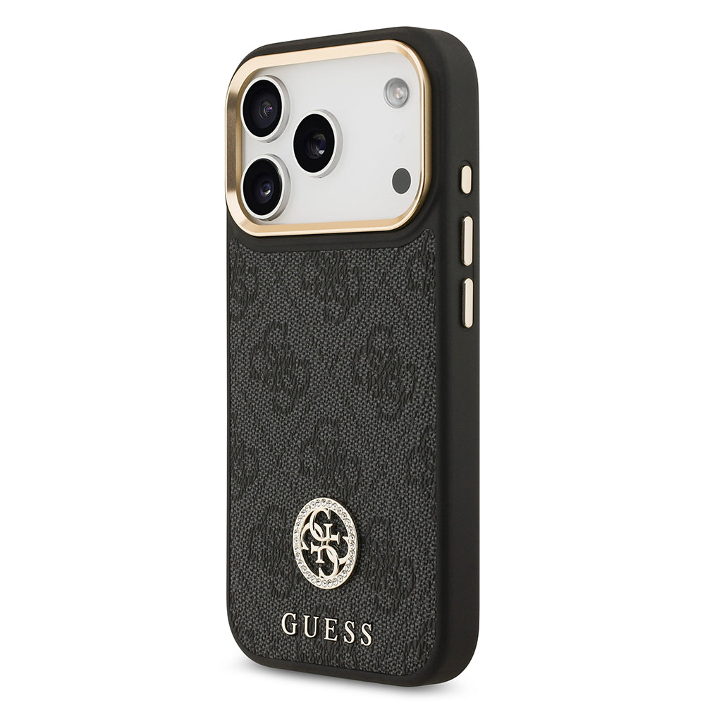Apple iPhone 17 Pro Kılıf Guess Orjinal Lisanslı M-safe Şarj Özellikli Gold Metal Kamera Çerçeveli Taşlı 4G Logolu Kapak Siyah