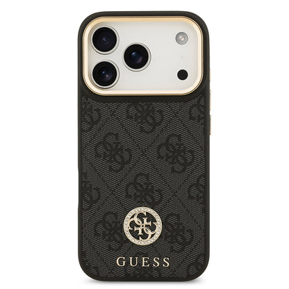 Apple iPhone 17 Pro Kılıf Guess Orjinal Lisanslı M-safe Şarj Özellikli Gold Metal Kamera Çerçeveli Taşlı 4G Logolu Kapak Siyah