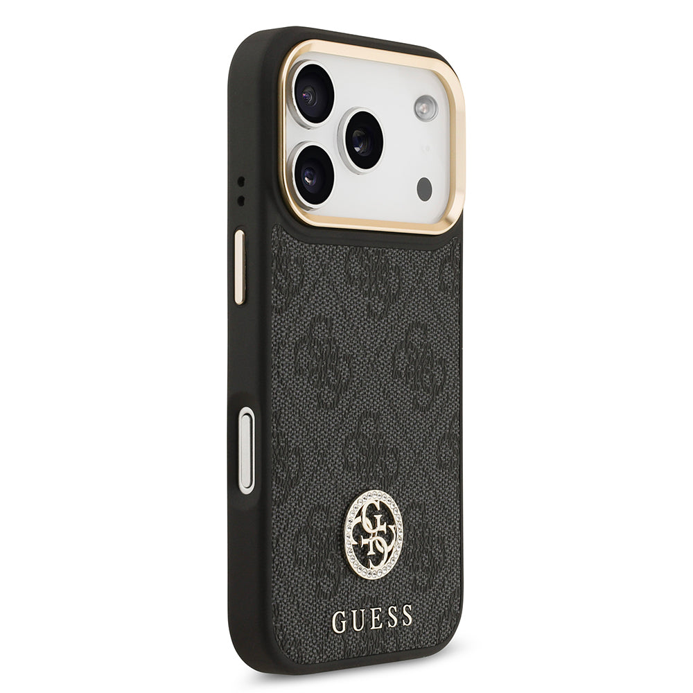 Apple iPhone 17 Pro Kılıf Guess Orjinal Lisanslı M-safe Şarj Özellikli Gold Metal Kamera Çerçeveli Taşlı 4G Logolu Kapak Siyah