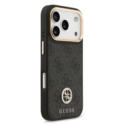 Apple iPhone 17 Pro Kılıf Guess Orjinal Lisanslı M-safe Şarj Özellikli Gold Metal Kamera Çerçeveli Taşlı 4G Logolu Kapak Siyah