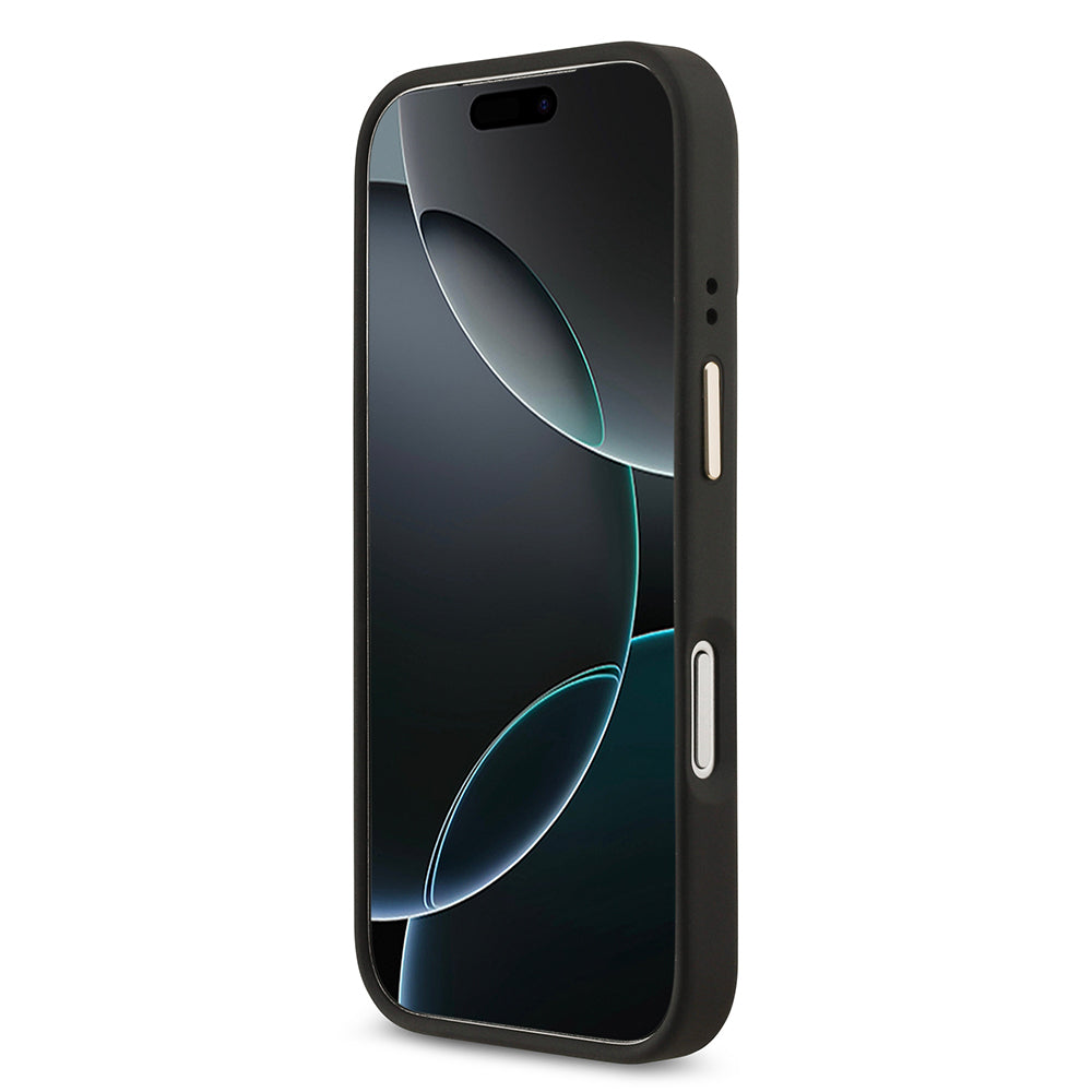 Apple iPhone 17 Pro Kılıf Guess Orjinal Lisanslı M-safe Şarj Özellikli Gold Metal Kamera Çerçeveli Taşlı 4G Logolu Kapak Siyah