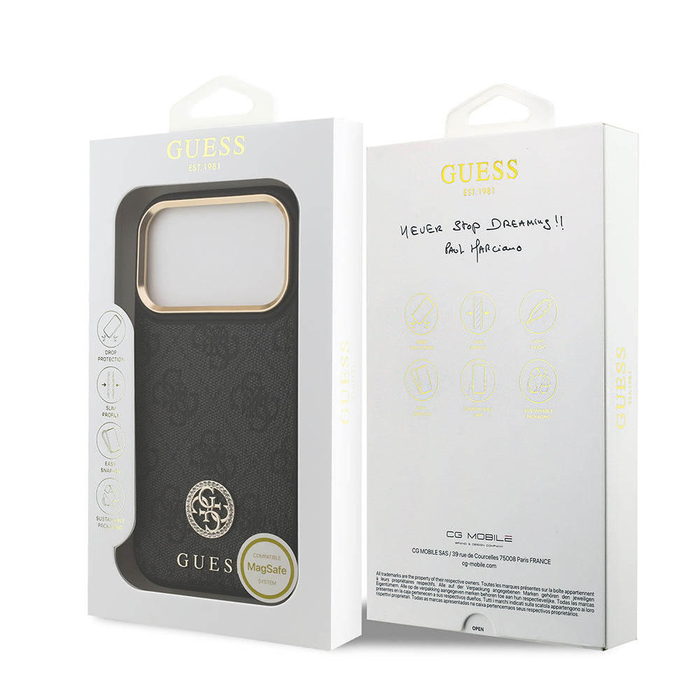 Apple iPhone 17 Pro Kılıf Guess Orjinal Lisanslı M-safe Şarj Özellikli Gold Metal Kamera Çerçeveli Taşlı 4G Logolu Kapak Siyah