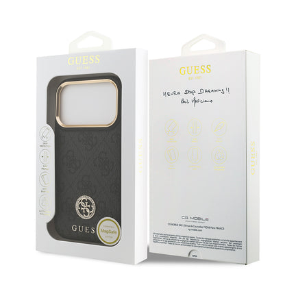 Apple iPhone 17 Pro Kılıf Guess Orjinal Lisanslı M-safe Şarj Özellikli Gold Metal Kamera Çerçeveli Taşlı 4G Logolu Kapak Siyah