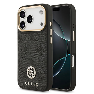 Apple iPhone 17 Pro Case Guess Original Licensed M-safe Charging Feature Gold Metal Camera Frame Stone 4G Logo Cover Brown