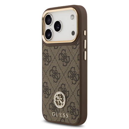 Apple iPhone 17 Pro Kılıf Guess Orjinal Lisanslı M-safe Şarj Özellikli Gold Metal Kamera Çerçeveli Taşlı 4G Logolu Kapak Siyah
