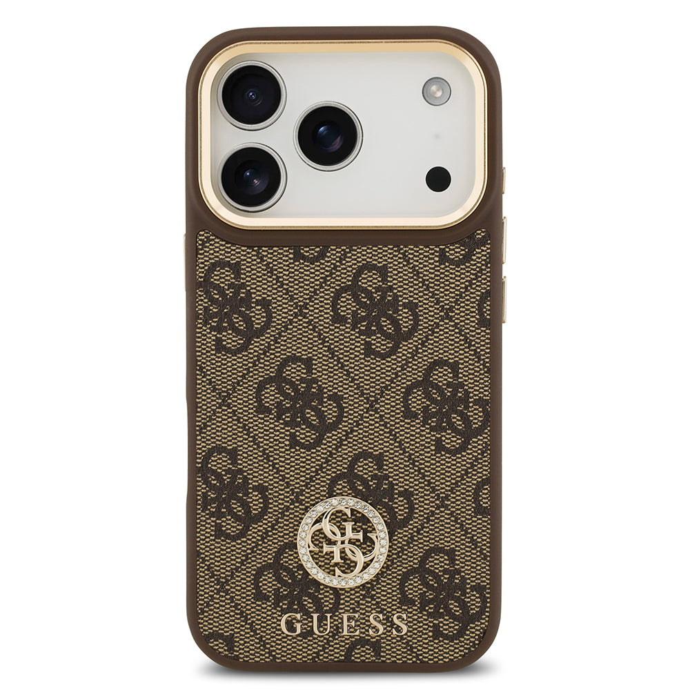 Apple iPhone 17 Pro Kılıf Guess Orjinal Lisanslı M-safe Şarj Özellikli Gold Metal Kamera Çerçeveli Taşlı 4G Logolu Kapak Siyah
