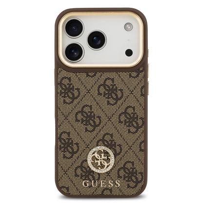 Apple iPhone 17 Pro Kılıf Guess Orjinal Lisanslı M-safe Şarj Özellikli Gold Metal Kamera Çerçeveli Taşlı 4G Logolu Kapak Siyah