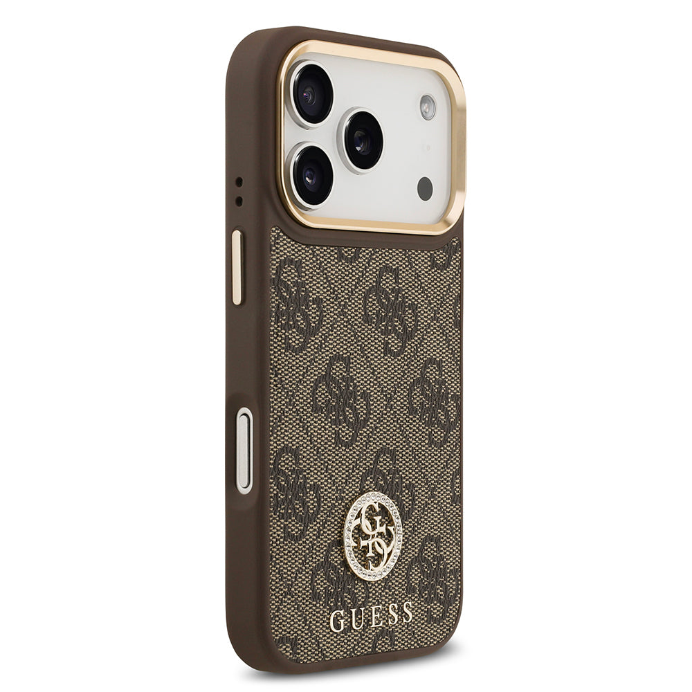 Apple iPhone 17 Pro Kılıf Guess Orjinal Lisanslı M-safe Şarj Özellikli Gold Metal Kamera Çerçeveli Taşlı 4G Logolu Kapak Siyah