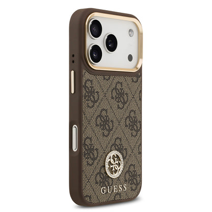 Apple iPhone 17 Pro Kılıf Guess Orjinal Lisanslı M-safe Şarj Özellikli Gold Metal Kamera Çerçeveli Taşlı 4G Logolu Kapak Siyah