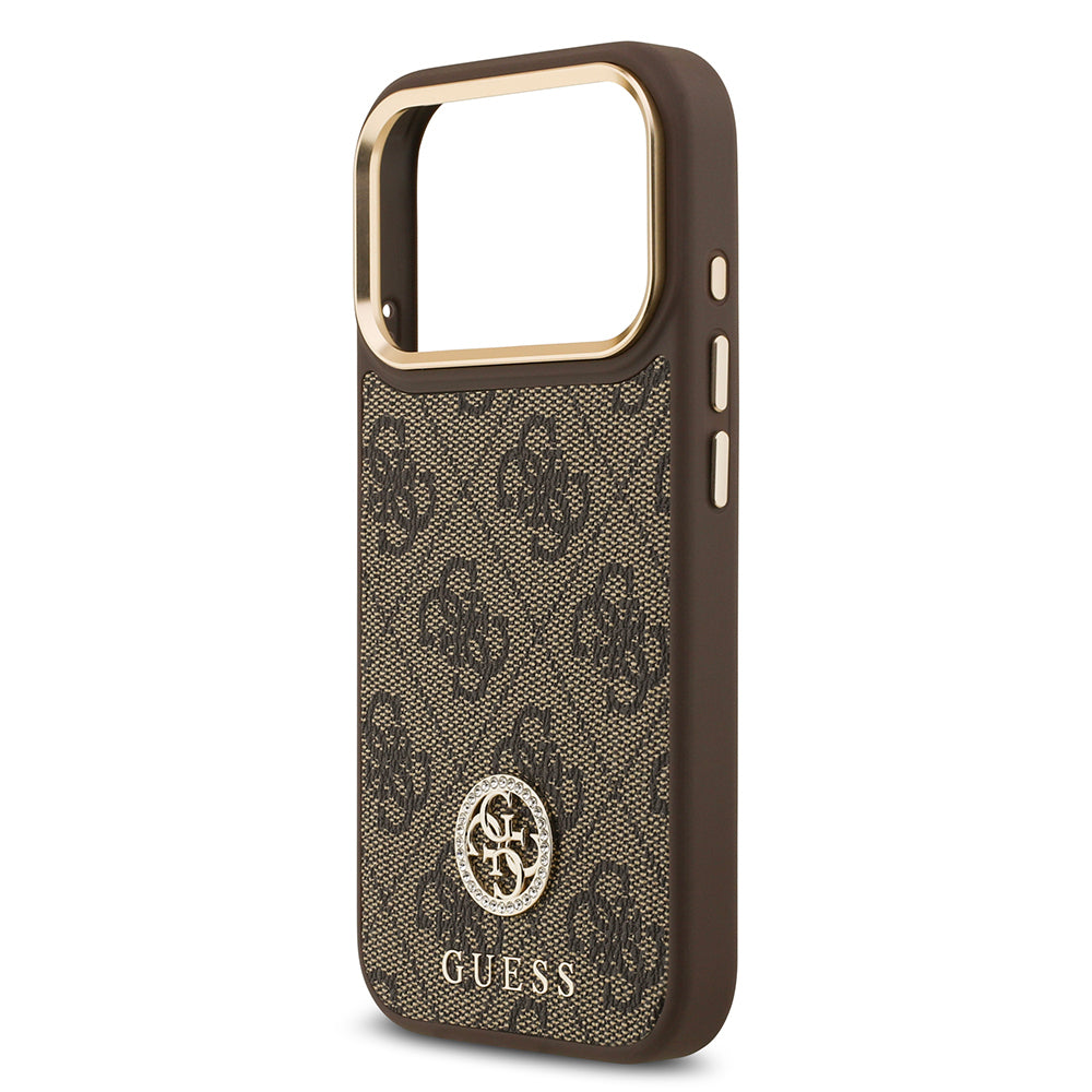 Apple iPhone 17 Pro Kılıf Guess Orjinal Lisanslı M-safe Şarj Özellikli Gold Metal Kamera Çerçeveli Taşlı 4G Logolu Kapak Siyah