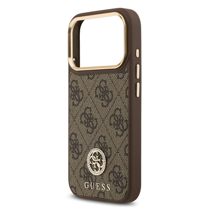 Apple iPhone 17 Pro Kılıf Guess Orjinal Lisanslı M-safe Şarj Özellikli Gold Metal Kamera Çerçeveli Taşlı 4G Logolu Kapak Siyah