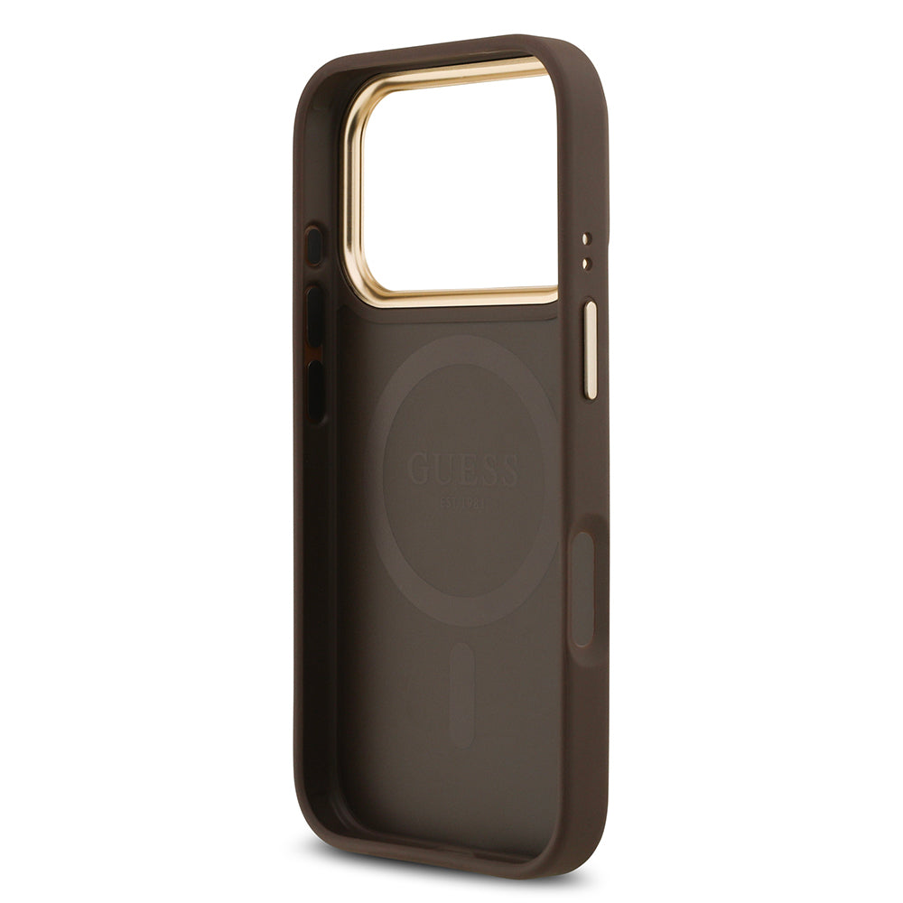 Apple iPhone 17 Pro Kılıf Guess Orjinal Lisanslı M-safe Şarj Özellikli Gold Metal Kamera Çerçeveli Taşlı 4G Logolu Kapak Siyah