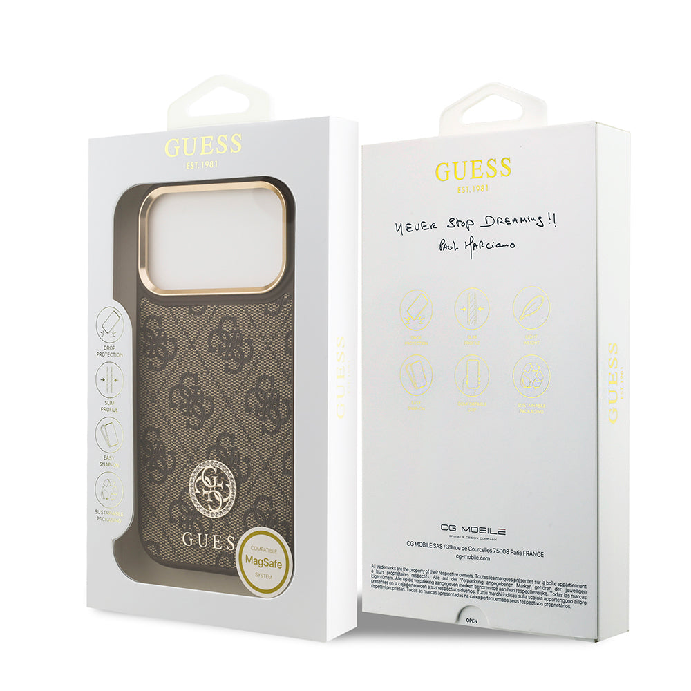 Apple iPhone 17 Pro Case Guess Original Licensed M-safe Charging Feature Gold Metal Camera Frame Stone 4G Logo Cover Brown