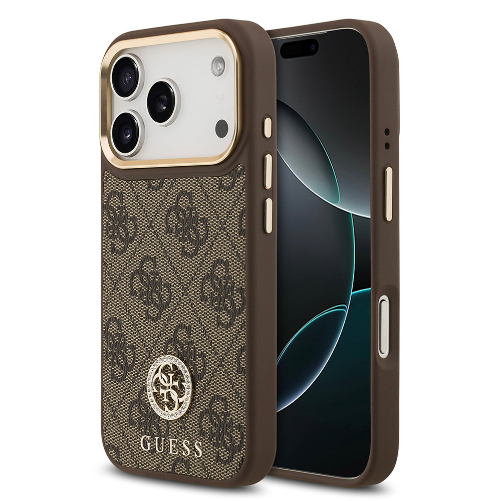 Apple iPhone 17 Pro Kılıf Guess Orjinal Lisanslı M-safe Şarj Özellikli Gold Metal Kamera Çerçeveli Taşlı 4G Logolu Kapak Siyah