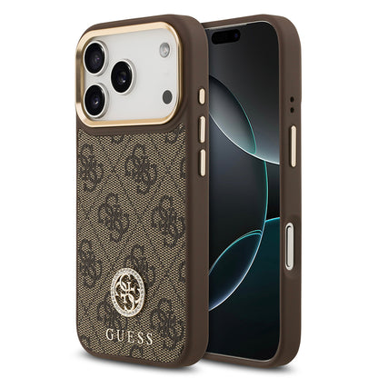 Apple iPhone 17 Pro Kılıf Guess Orjinal Lisanslı M-safe Şarj Özellikli Gold Metal Kamera Çerçeveli Taşlı 4G Logolu Kapak Siyah