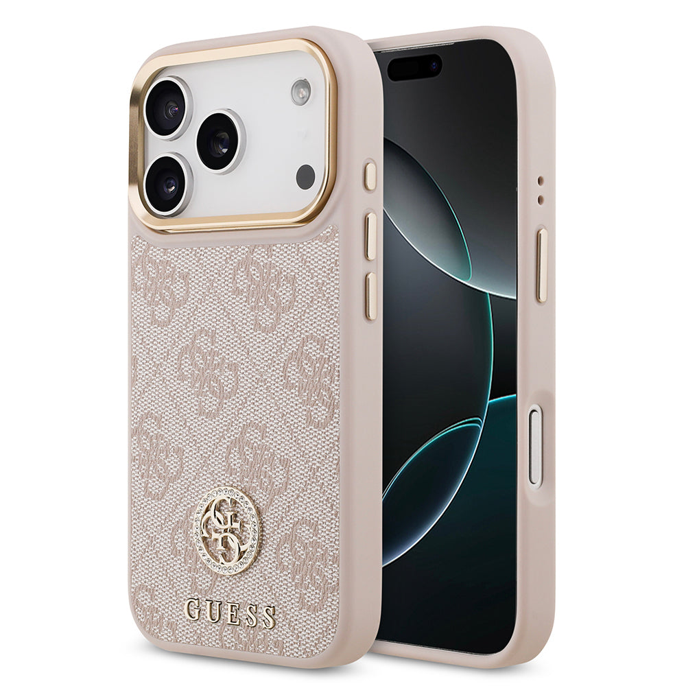 Apple iPhone 17 Pro Kılıf Guess Orjinal Lisanslı M-safe Şarj Özellikli Gold Metal Kamera Çerçeveli Taşlı 4G Logolu Kapak Pembe
