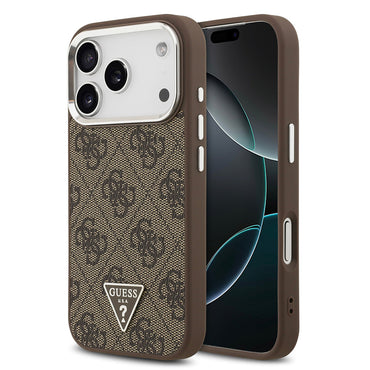 Apple iPhone 17 Pro Kılıf Guess Orjinal Lisanslı M-safe Şarj Özellikli Gümüş Metal Kamera Çerçeveli Üçgen Logo 4G Desenli Kapak