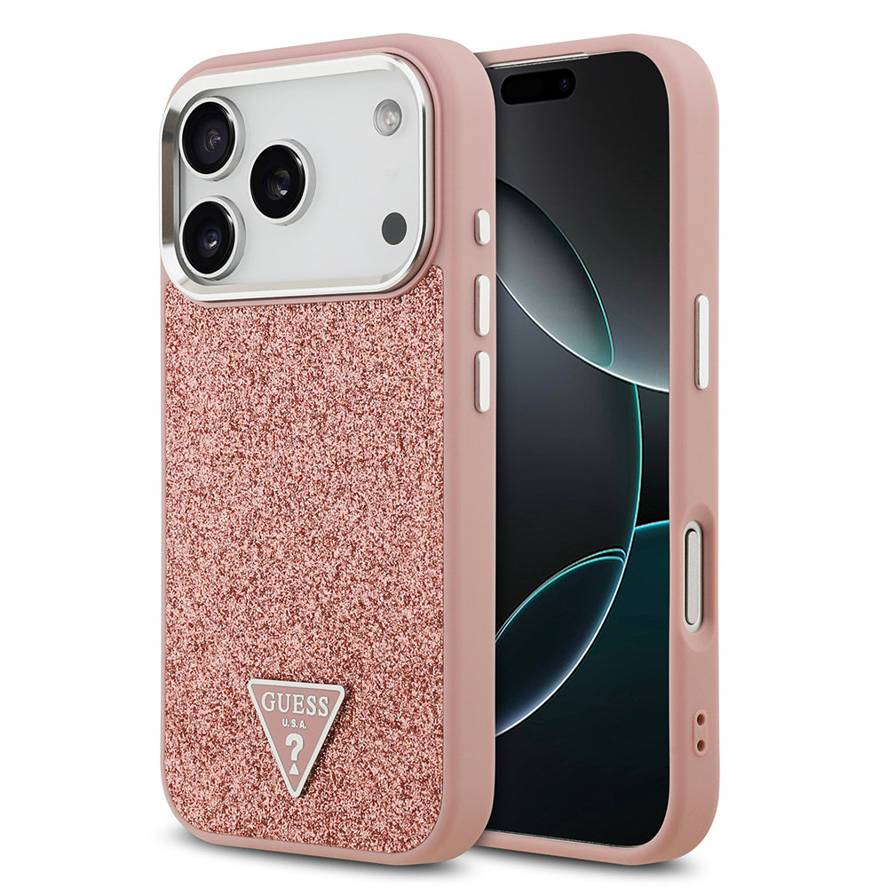 Apple iPhone 17 Pro Kılıf Guess Orjinal Lisanslı M-safe Şarj Özellikli Metal Kamera Çerçeveli Üçgen Logolu Glitter Kapak