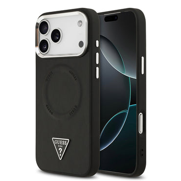 Apple iPhone 17 Pro Case Guess Original Licensed M-safe Charging Function PU Leather Metal Camera Frame Triangle Logo Cover Black